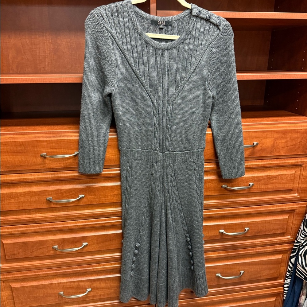 Alex Marie Charcoal w/Slight Silver Sparkle A-Line 3/4 Sleeve Sweater Dress